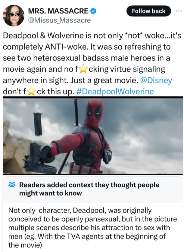 screenshot - Mrs. Massacre Massacre back Deadpool & Wolverine is not only not woke...it's completely Antiwoke. It was so refreshing to see two heterosexual badass male heroes in a movie again and no fcking virtue signaling anywhere in sight. Just a great 